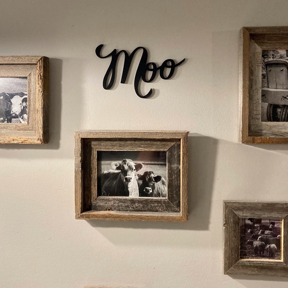 Farmhouse Rustic Barnwood Country Cow Vignette Four Photos, Frames, “Moo” 🐄